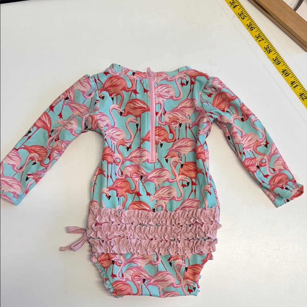 Ruffle Butts Pink and Blue Flamingo Rashguard - Picture 3 of 4